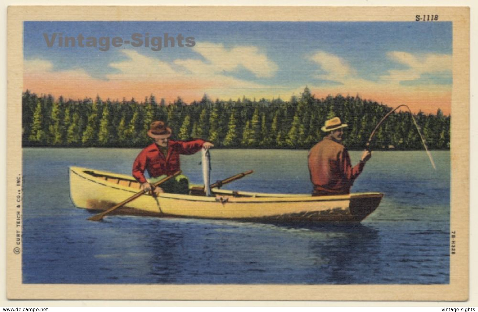 USA: Men Fishing On Lake (Vintage Linen PC Curt Teich 1930s/1940s ) - Angelsport