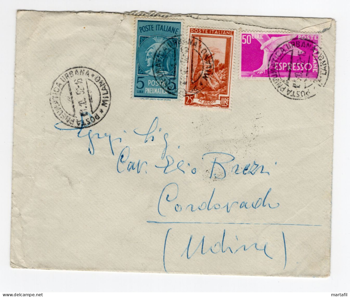 1952 Repubblica STORIA POSTALE Busta Affr. 5+25+50 Cat. +110 - 1946-60: Marcophilie