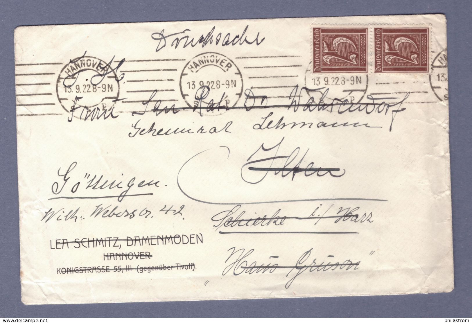 Weimar INFLA Drucksache Brief - Hannover 13.9.22 (CG13110-262) - Lettres & Documents