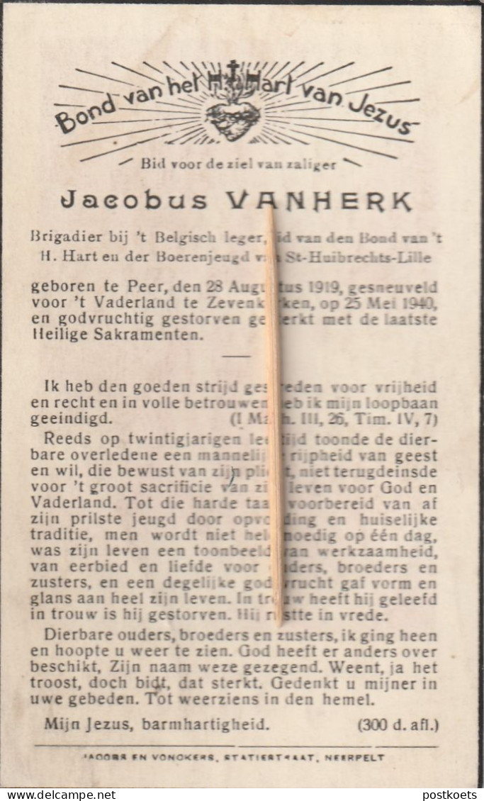 Oorlogsslachtoffer : 1940, Jacobus Vanherk, Sint-Huibrechts-Lille, Zevenkerken, - Images Religieuses