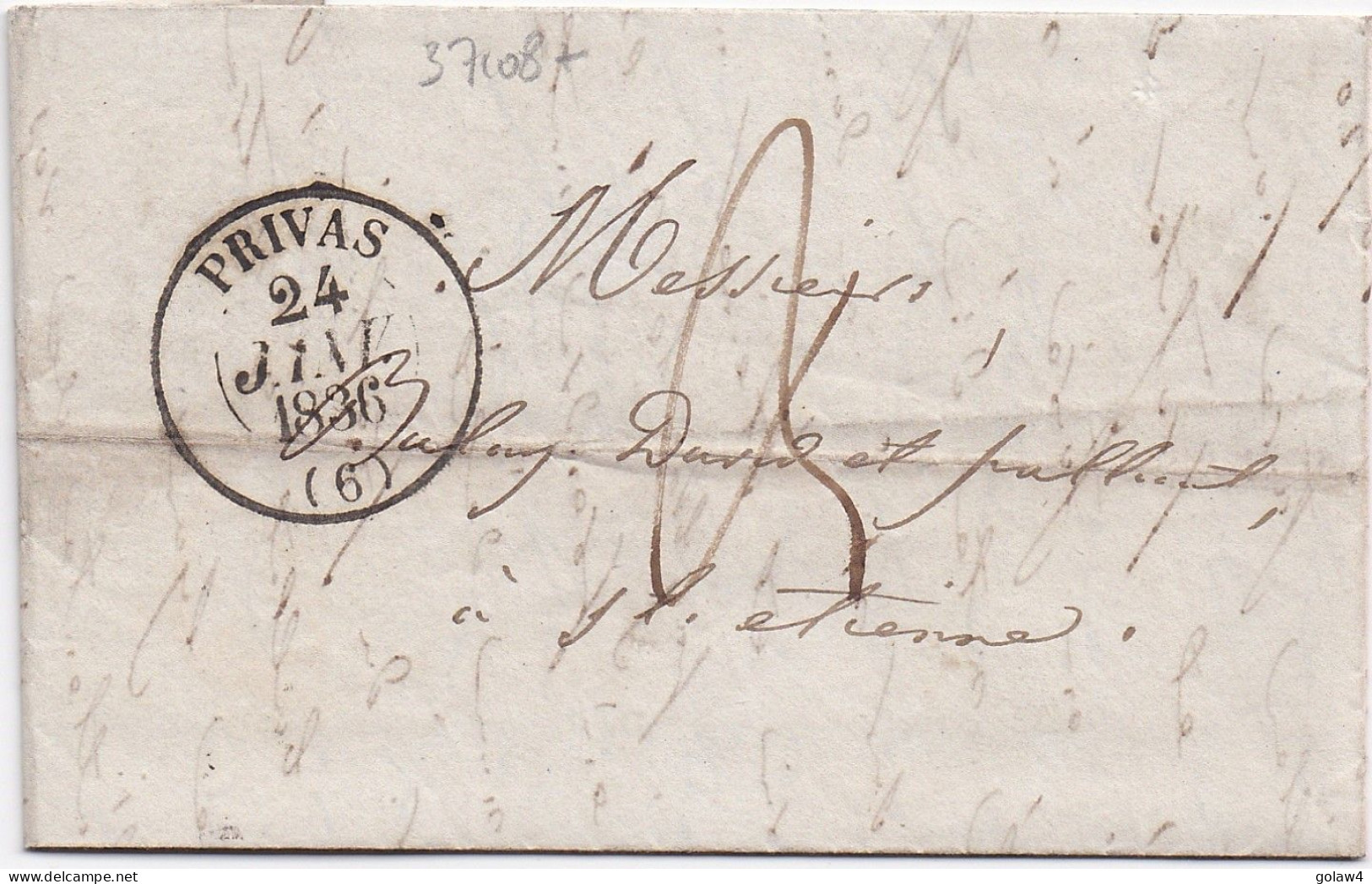 37108# LETTRE Datée De FOUILLIS Obl PRIVAS 24 JANVIER 1836 T13 ARDECHE Pour ST ETIENNE LOIRE - 1801-1848: Precursors XIX