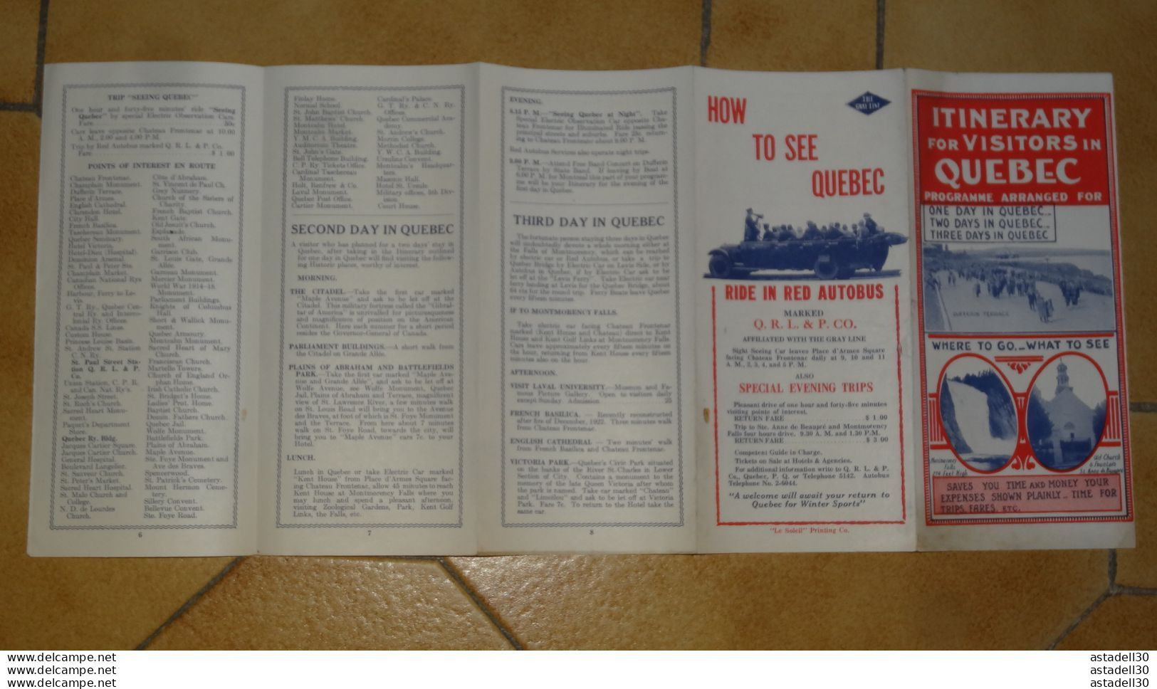 Dépliant CANADA, Itinerary Visitors In QUEBEC, 1930 (in English) .........Caisse-40 - Dépliants Turistici