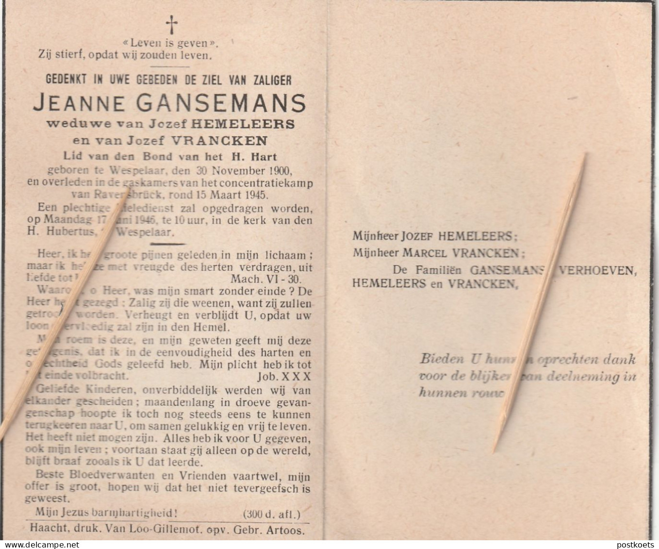 Oorlogsslachtoffer : 1945, Jeanne Gansemans, Hemeleers, Vrancken, Wespelaar, Ravensbrück - Andachtsbilder