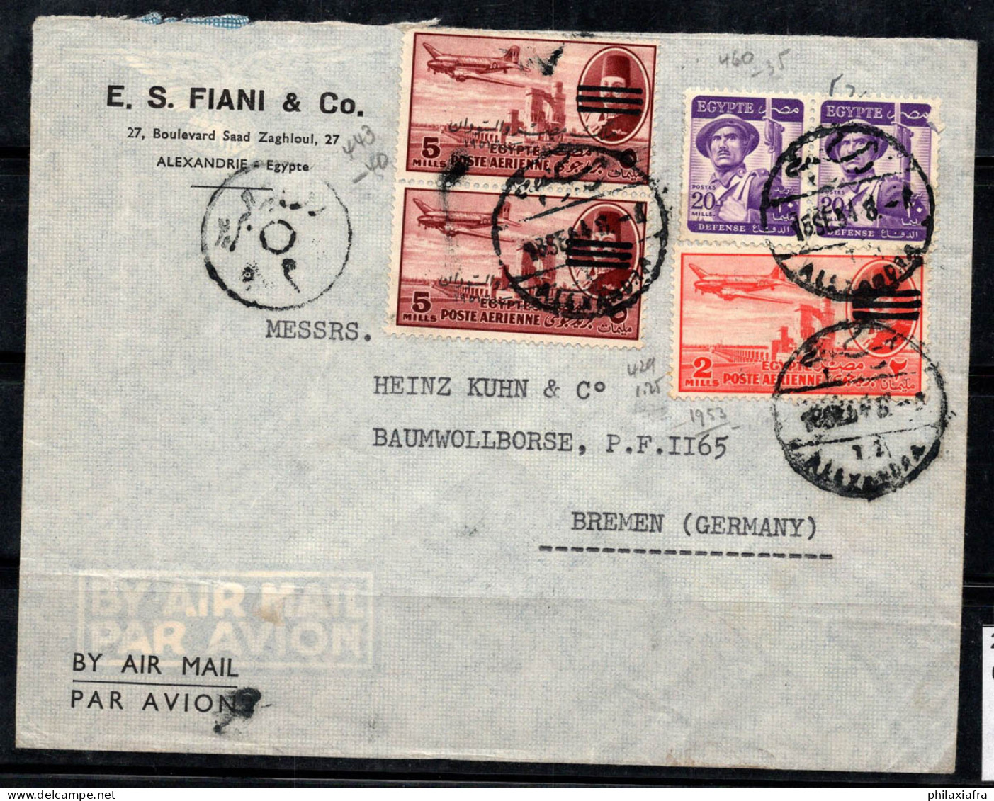 Égypte 1953 Enveloppe 100% Alessandria, Brême, Fiani Co - Covers & Documents