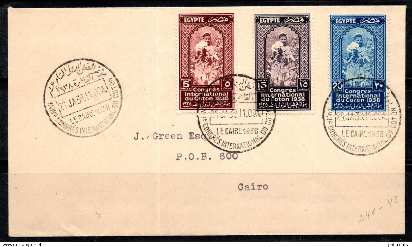 Égypte 1938 Enveloppe 40% Oblitéré Le Caire, Grun Brothers, Cottone - Storia Postale