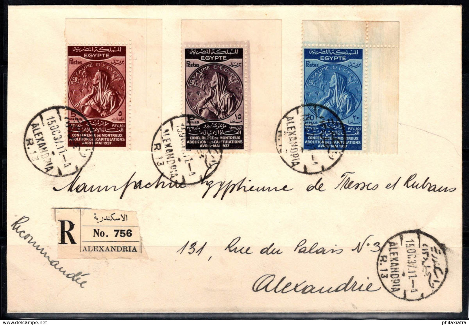 Égypte 1937 Enveloppe 100% Oblitéré Recommandée Alexandrie - Storia Postale