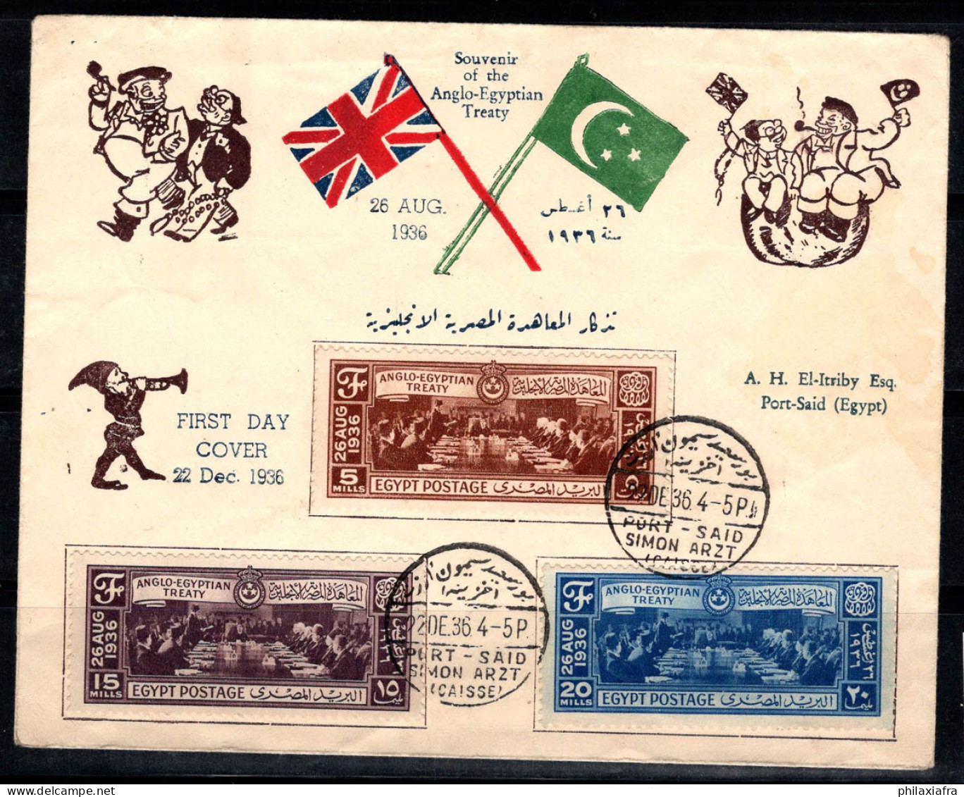 Égypte 1936 Premier Jour 100% Oblitéré Port-Saïd, Simon ARZT - Storia Postale