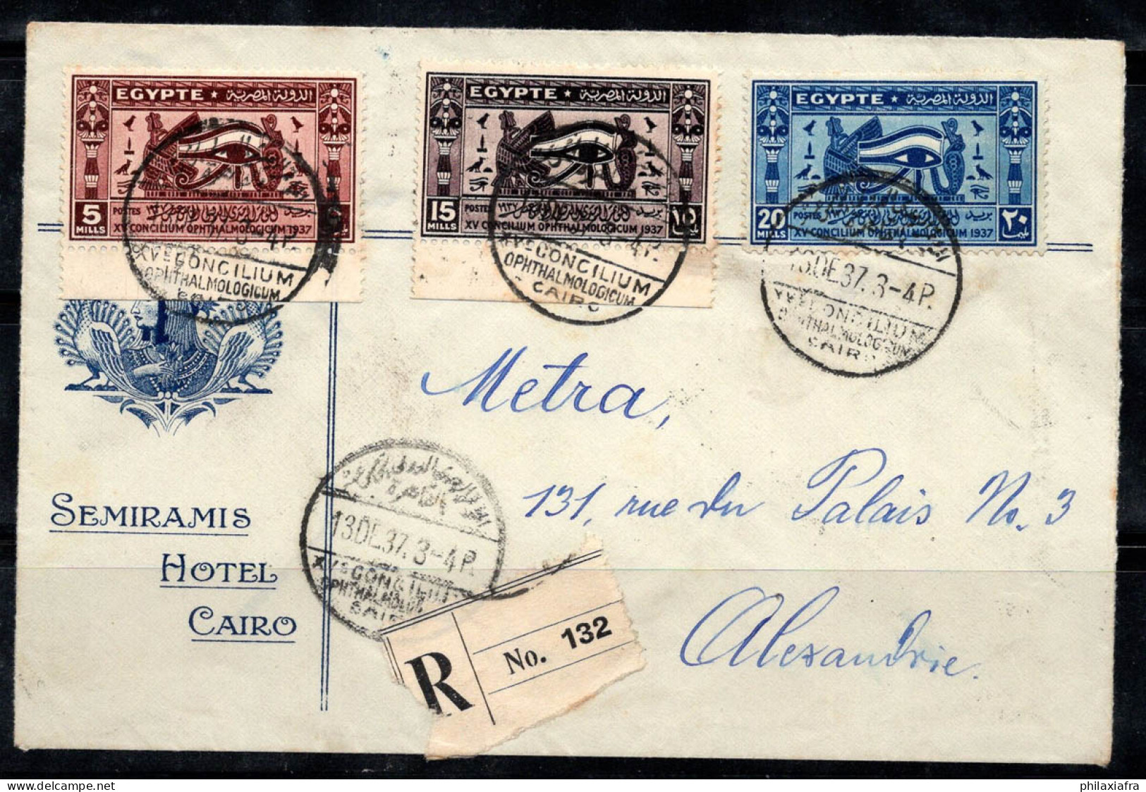 Égypte 1937 Enveloppe 100% Recommandée Hôtel Metra, Alessandria, Semiramis - Storia Postale