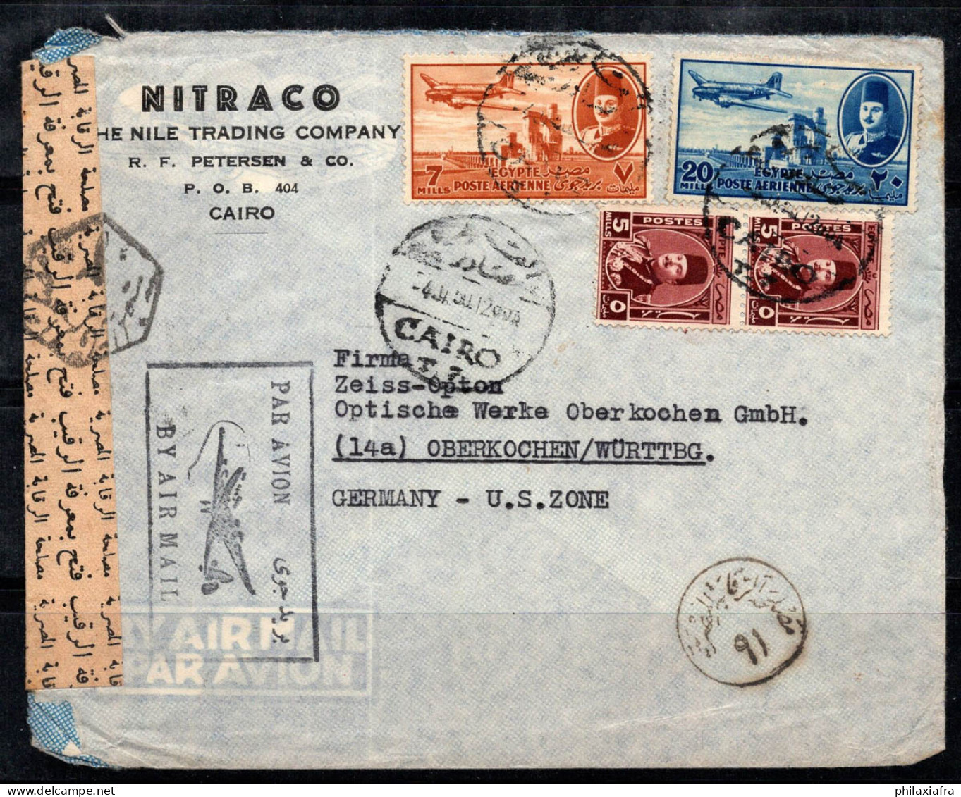 Égypte 1947 Enveloppe 80% Oblitéré Le Caire, Nitraco, Allemagne, Zone Des États-Unis - Covers & Documents