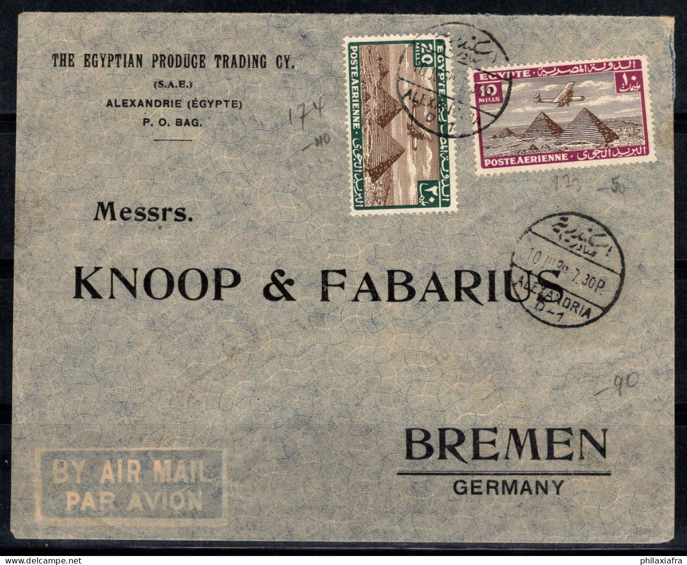 Égypte 1933-34 Enveloppe 100% Oblitéré Poste Aérienne Brême, Alexandrie - Brieven En Documenten