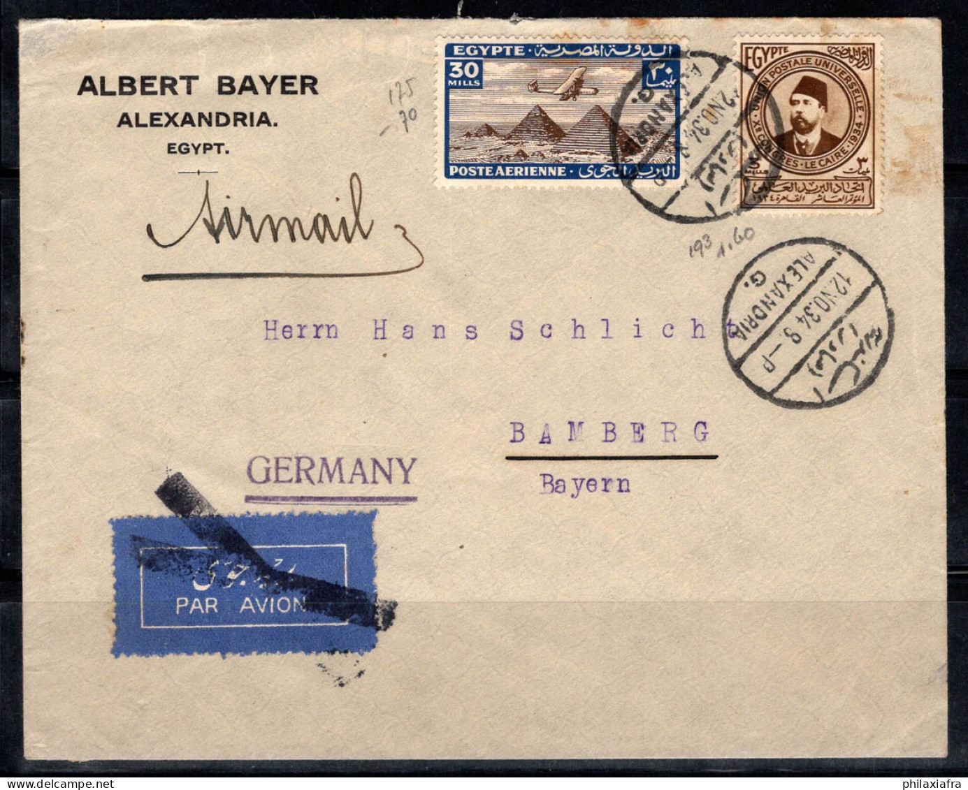 Égypte 1934 Enveloppe 100% Oblitéré Bamberg, Bayer, Alexandrie - Covers & Documents