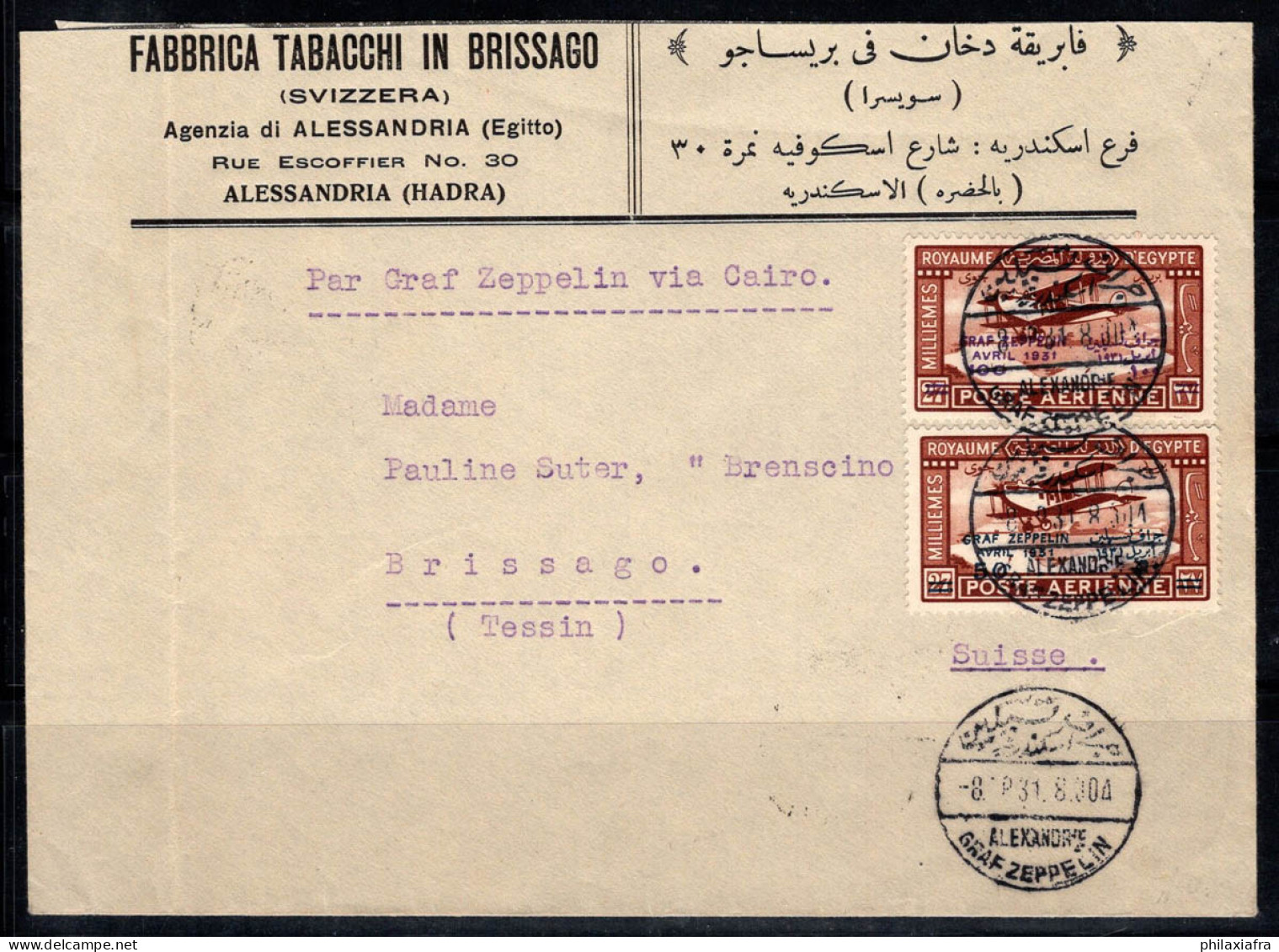 Égypte 1931 Mi. 156-157 Enveloppe 100% Zeppelin, Fabrica Tabacchi Brissago Oblitéré - Briefe U. Dokumente