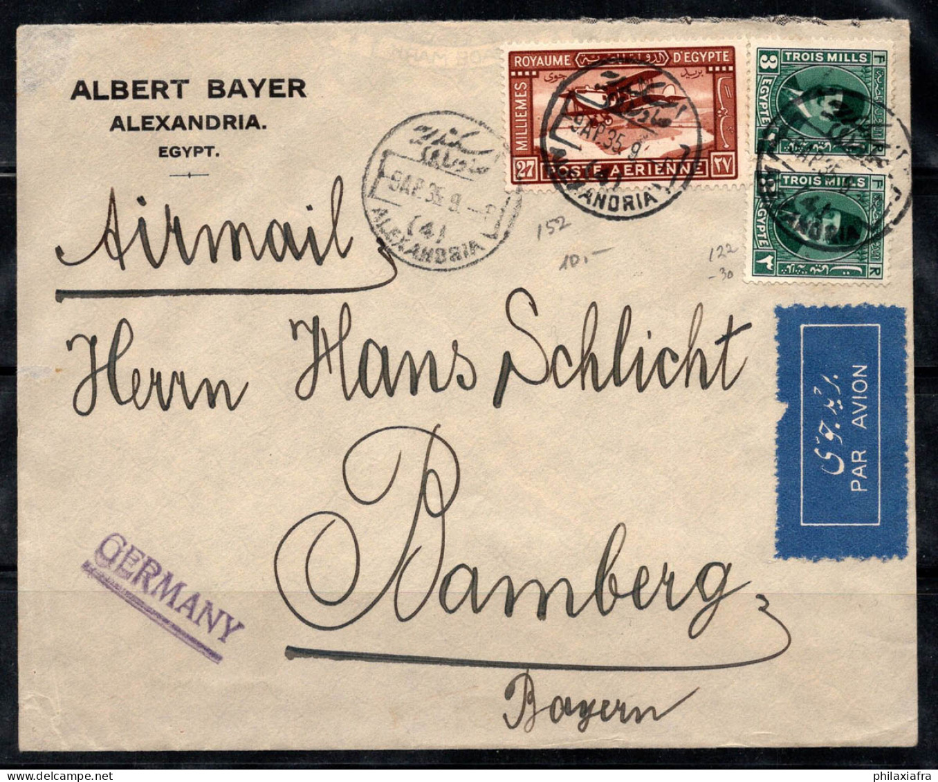 Égypte 1929 Enveloppe 100% Oblitéré Alexandrie, Bamberg, Alber Bayer - Covers & Documents