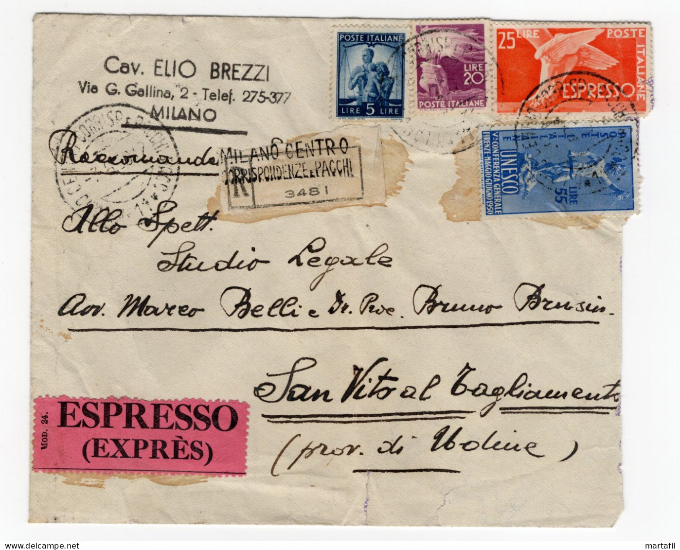 1950 Repubblica STORIA POSTALE Busta Affr. 5+20+25+55 Compreso 55 Lire UNESCO - 1946-60: Marcophilia