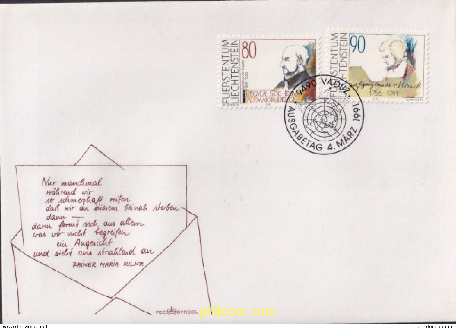 716687 USED LIECHTENSTEIN 1991 500 ANIVERSARIO DE SAN IGNACIO DE LOYOLA Y BICENTENARIO DE MOZART - Ungebraucht