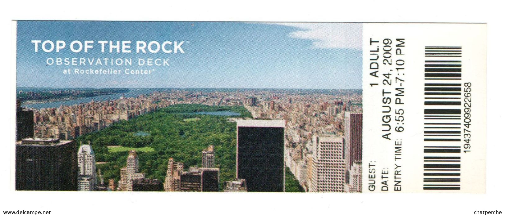 TICKET BILLET 門票 門票 ETATS-UNIS NEW-YORK TOP OF THE ROCK OBSERVATION DECK - Tickets - Vouchers