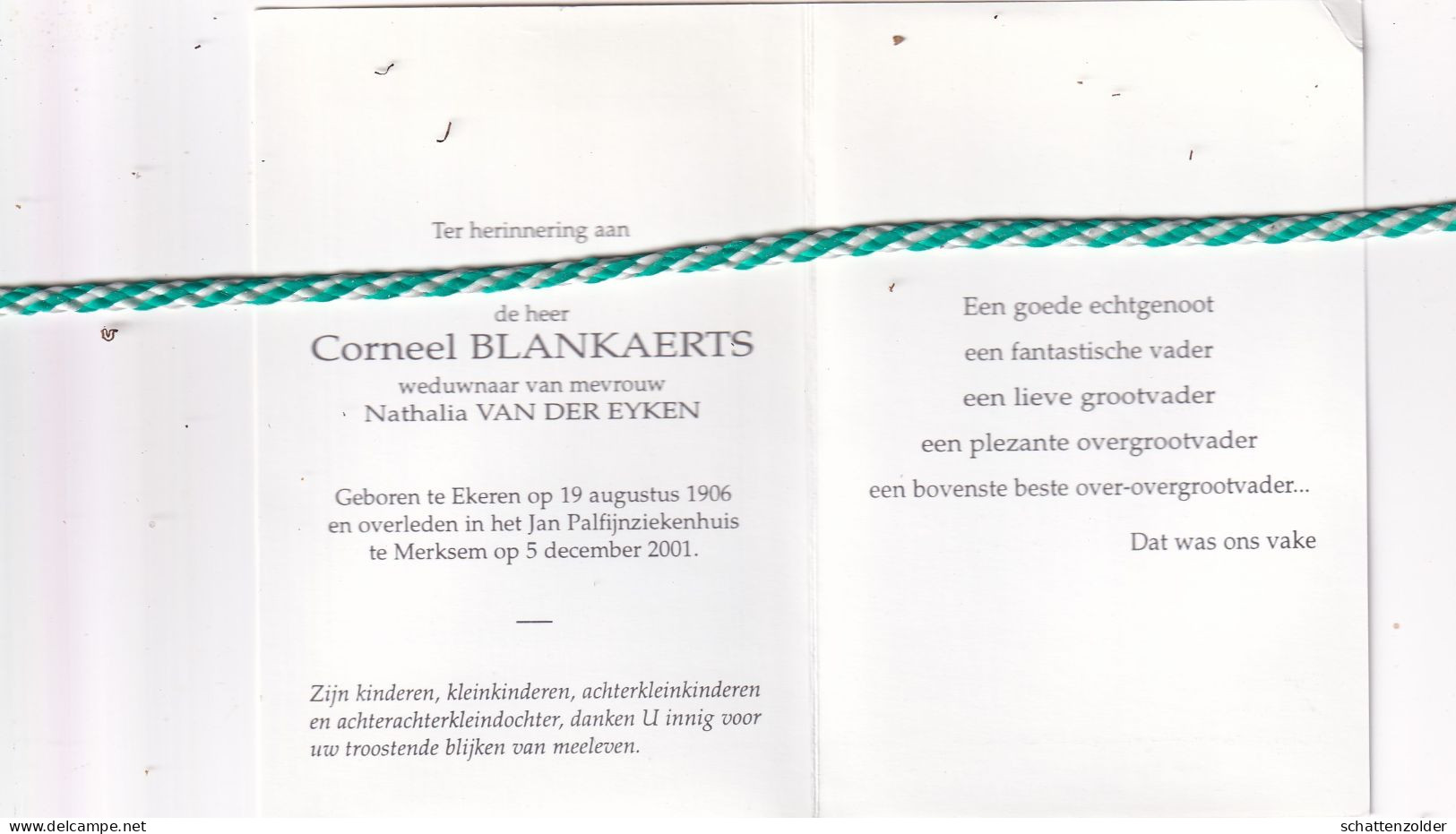 Corneel Blankaerts-Van Der Eyken, Ekeren 1906, Merksem  2001. Foto - Obituary Notices