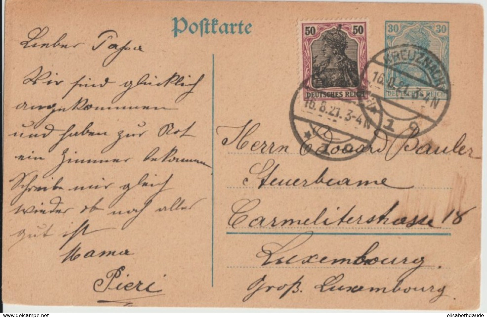 GERMANIA - 1921 - CP ENTIER De KREUZNACH => GRAND-DUCHE De LUXEMBOURG ! - Briefkaarten