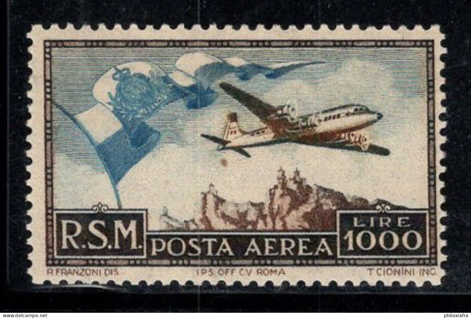 Saint-Marin 1951 Sass. 99 Neuf * MH 100% Poste Aérienne 1000 L, Avion Battant Pavillon - Unused Stamps