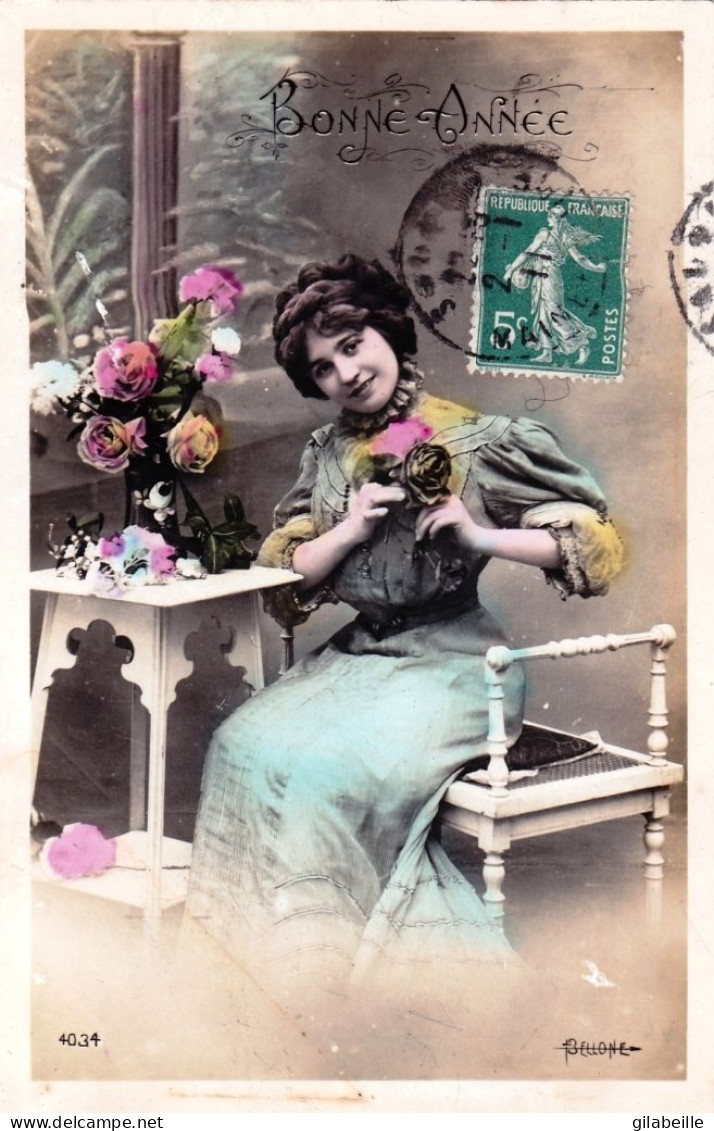 Carte Fantaisie - BONNE ANNEE - Femme A La Rose - Anno Nuovo