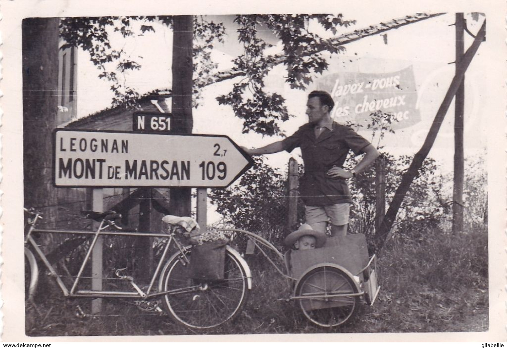 Photo 8.5 X 6.0  - Tandem Et Sa Remorque Sur La Route De Bordeaux - Juin 1952 - Orte