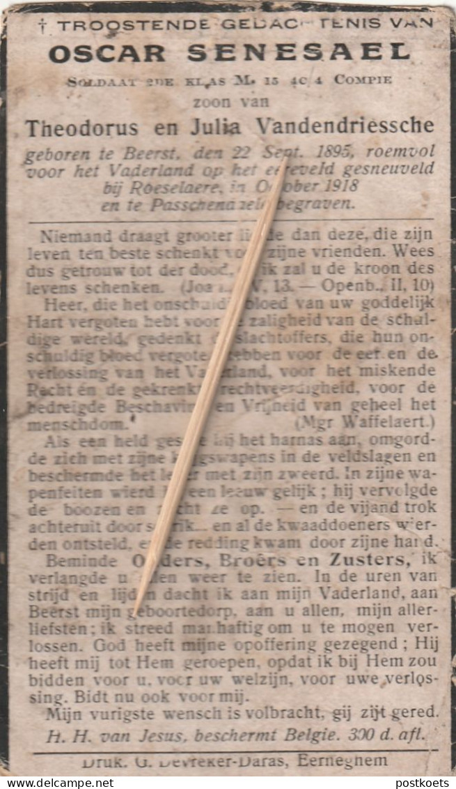 Oorlogsslachtoffer : 1918; Soldaat Oscar Senesael, Vandendriessche, Beerts, Gesneuveld Te Roeselare, Passendale - Images Religieuses