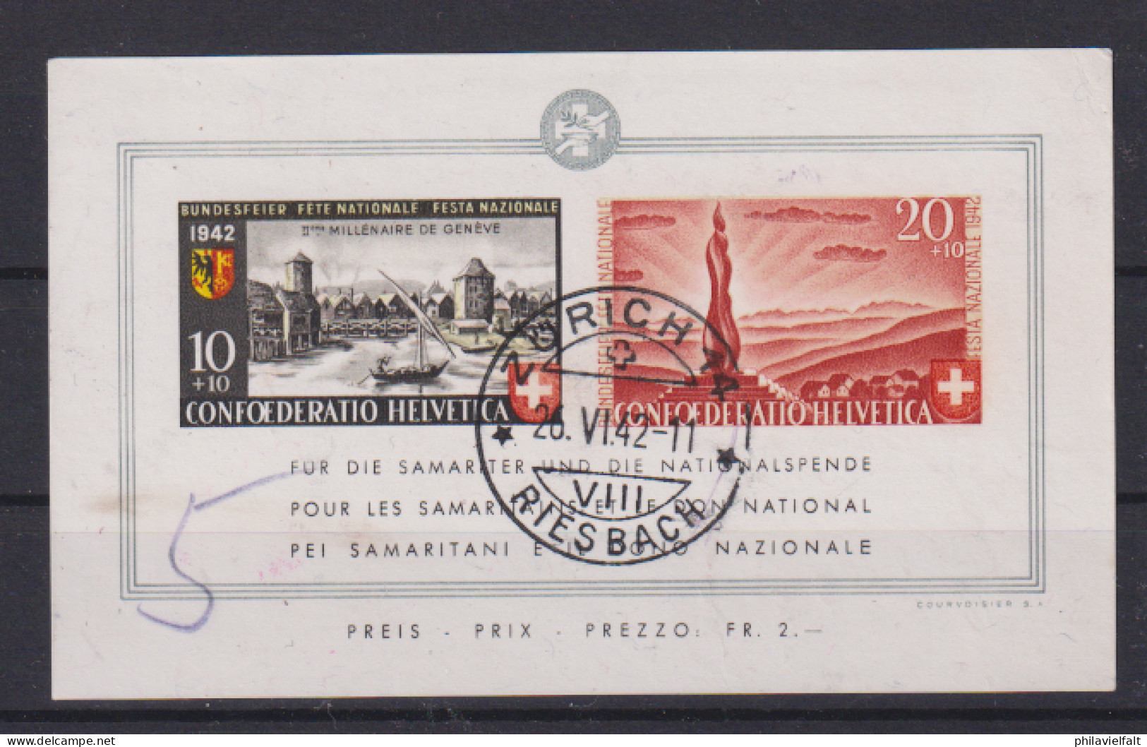 Schweiz 1942 Pro Patria Block MiNo. 7 O Aus Dem Bedarf (300.-) - Blocs & Feuillets