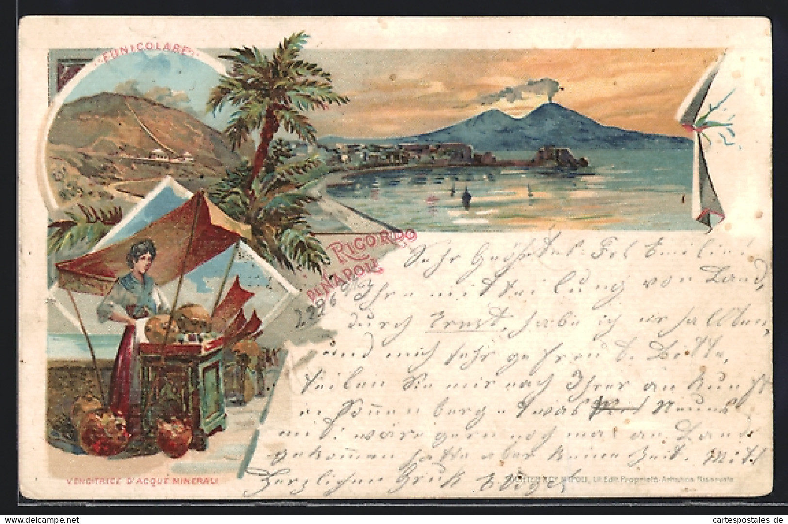 Lithographie Napoli, Funicolare, In Der Bucht Mit Blick Auf Den Vesuv, Venditrice D`Acque Minerali  - Napoli (Naples)