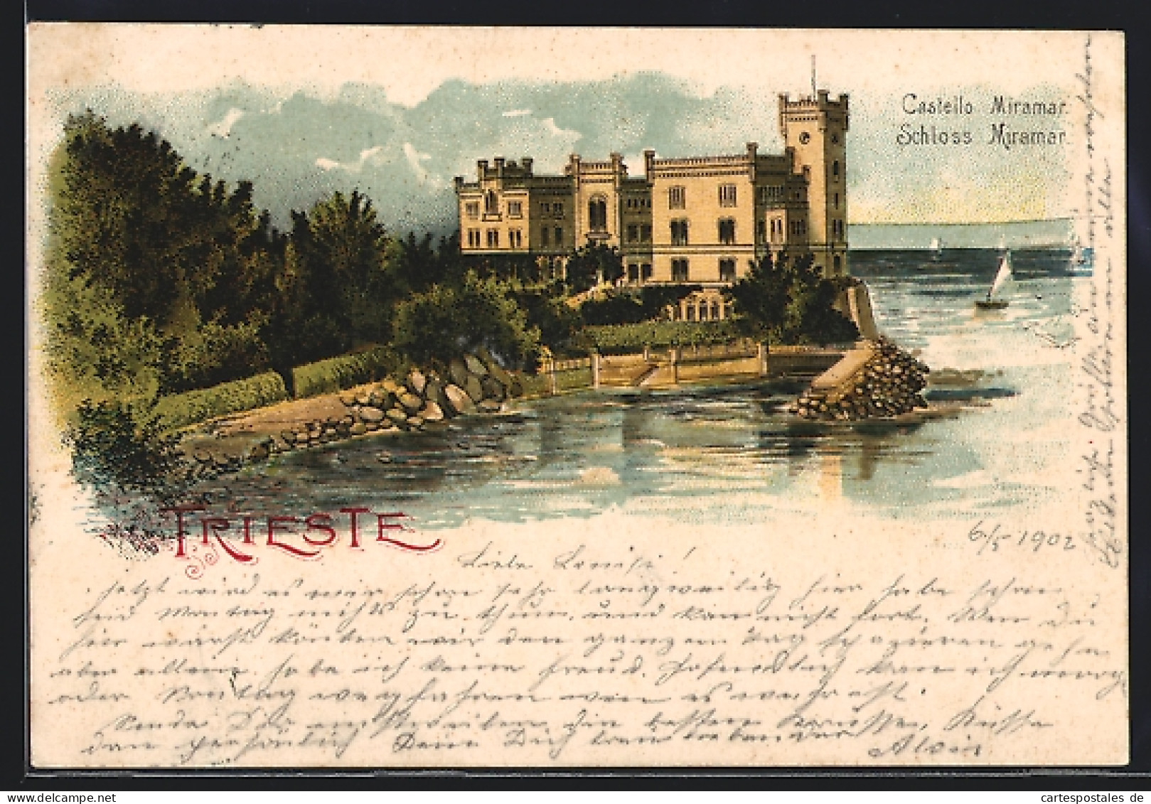 Lithographie Trieste, Am Schloss Miramar  - Trieste