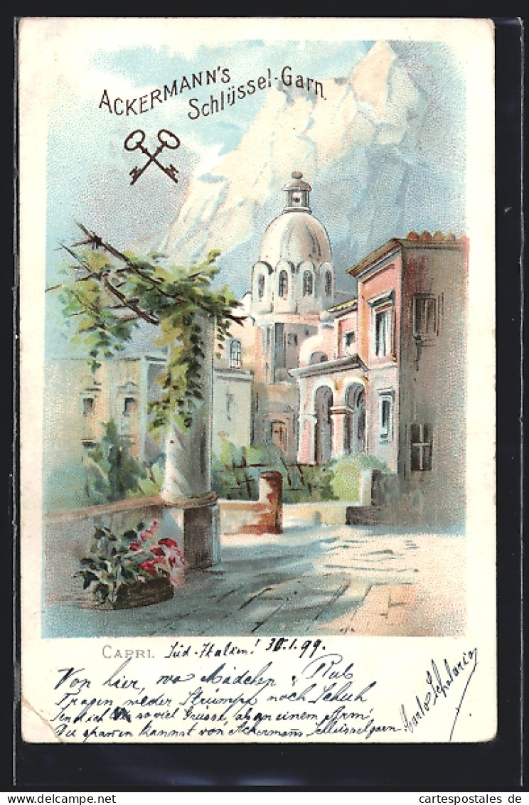 Lithographie Capri, Ortspartie Säule Und Blumen  - Autres & Non Classés