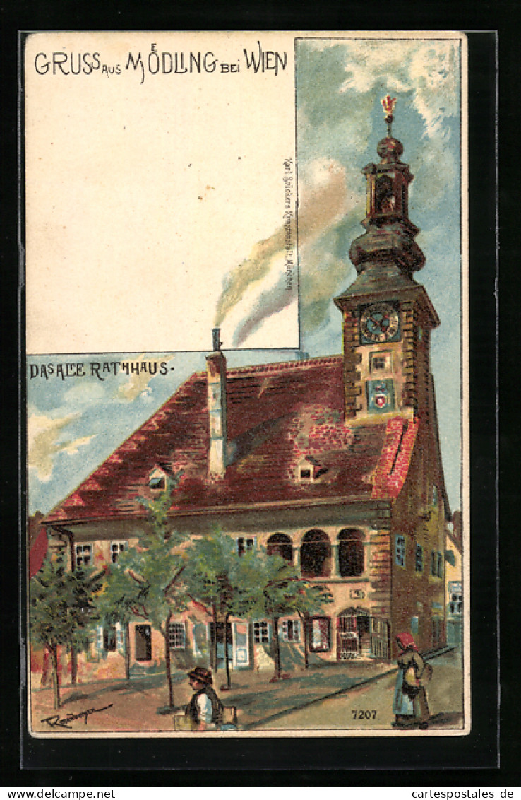 Lithographie Mödling, Blick Auf Das Alte Rathaus  - Autres & Non Classés