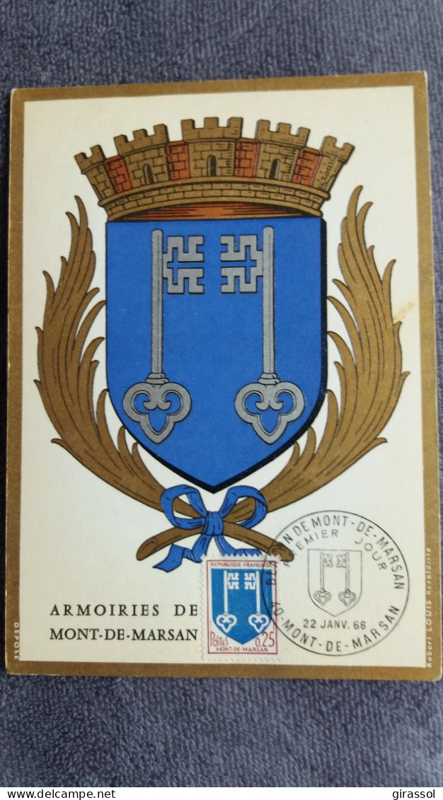 CPSM BLASON ARMOIRIES DE MONT DE MARSAN LANDES 1 ER JOUR MAXIMUM TIMBRE 22 01 66  COMPOSITION HERALDIQUE R LOUIS IMBERT - Mont De Marsan