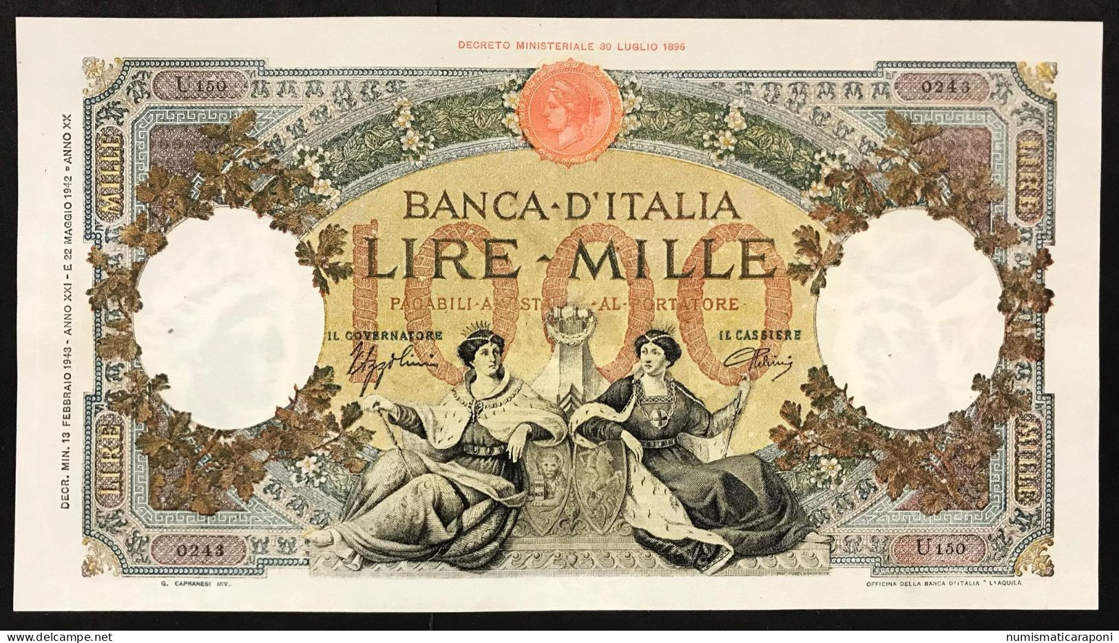 1000 LIRE Regine Del Mare Fascio L'aquila 13 02 1943 R Raro Bel Bb+/q.spl Pressato  LOTTO 1726 - 1000 Lire