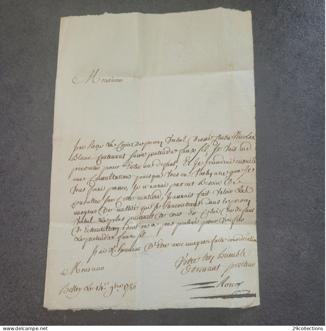 Lettre 1786 Marque BELLEY : Lenain N°5 Indice 10 (LAC), Affaire FAUX-SAUNIER - 1701-1800: Précurseurs XVIII