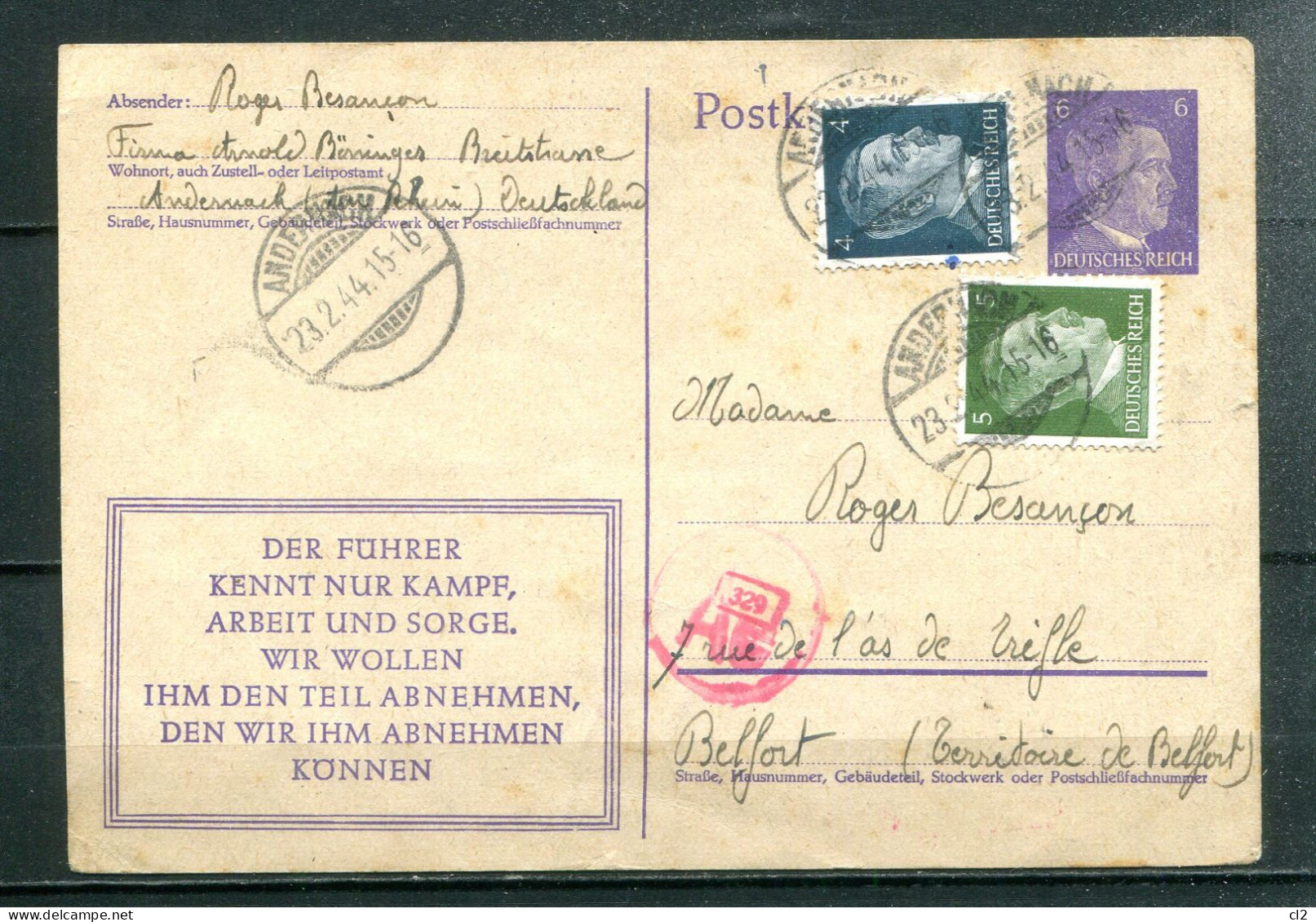ALLEMAGNE - 23.2.44 - Mi 312/08 (Carte De ANDERNACHT Pour BELFORT) (voir Description) - Briefkaarten