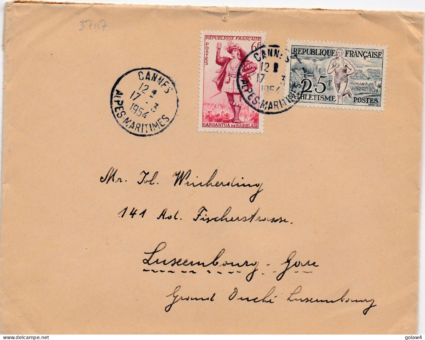 37117# LETTRE TARIF SPECIAL LUXEMBOURG 2ème ECHELON DE POIDS Obl CANNES ALPES MARITIMES 1954 - Postal Rates