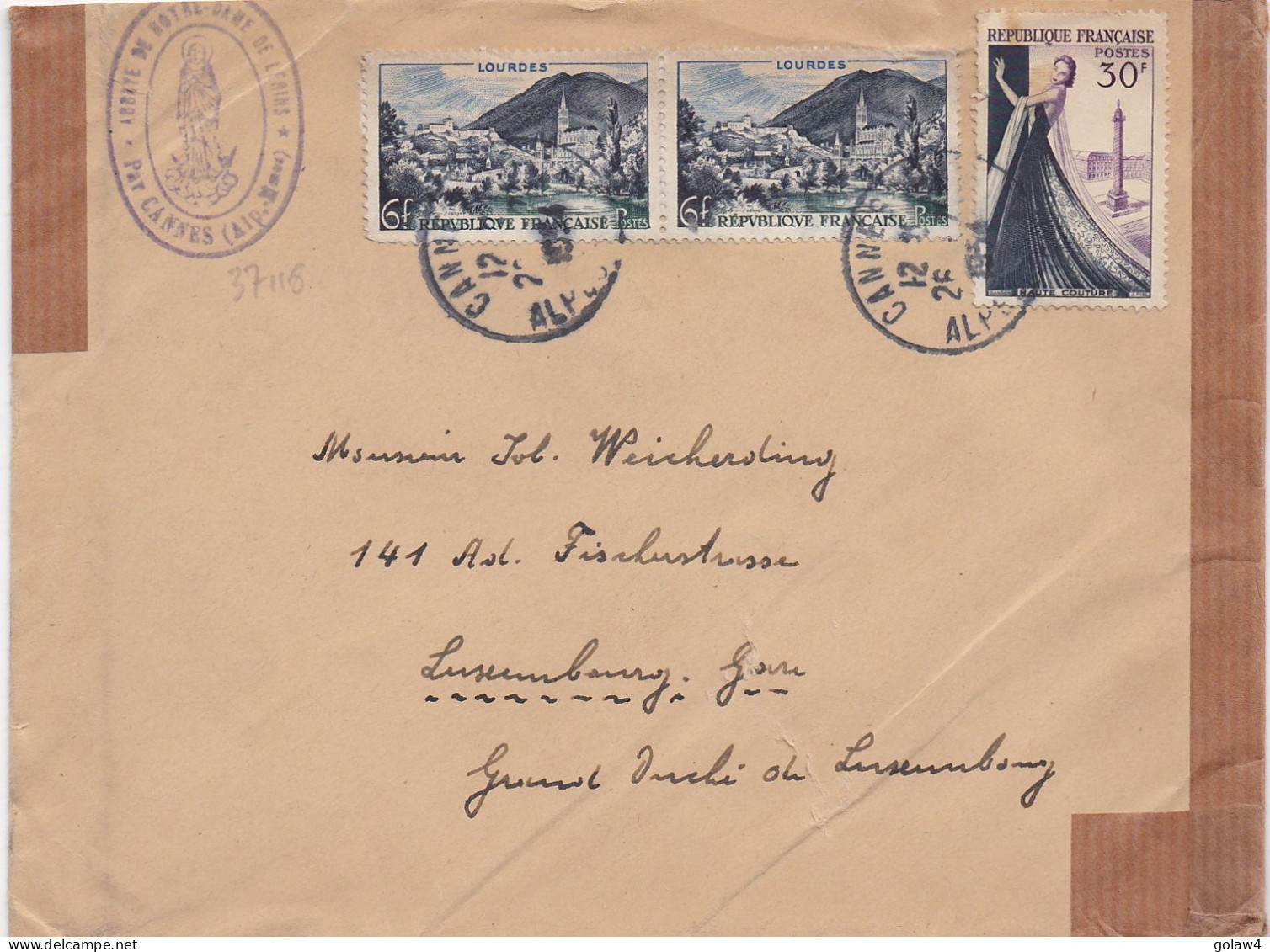 37118# LETTRE TARIF SPECIAL LUXEMBOURG 3ème ECHELON DE POIDS Obl CANNES ALPES MARITIMES 1954 - Posttarife