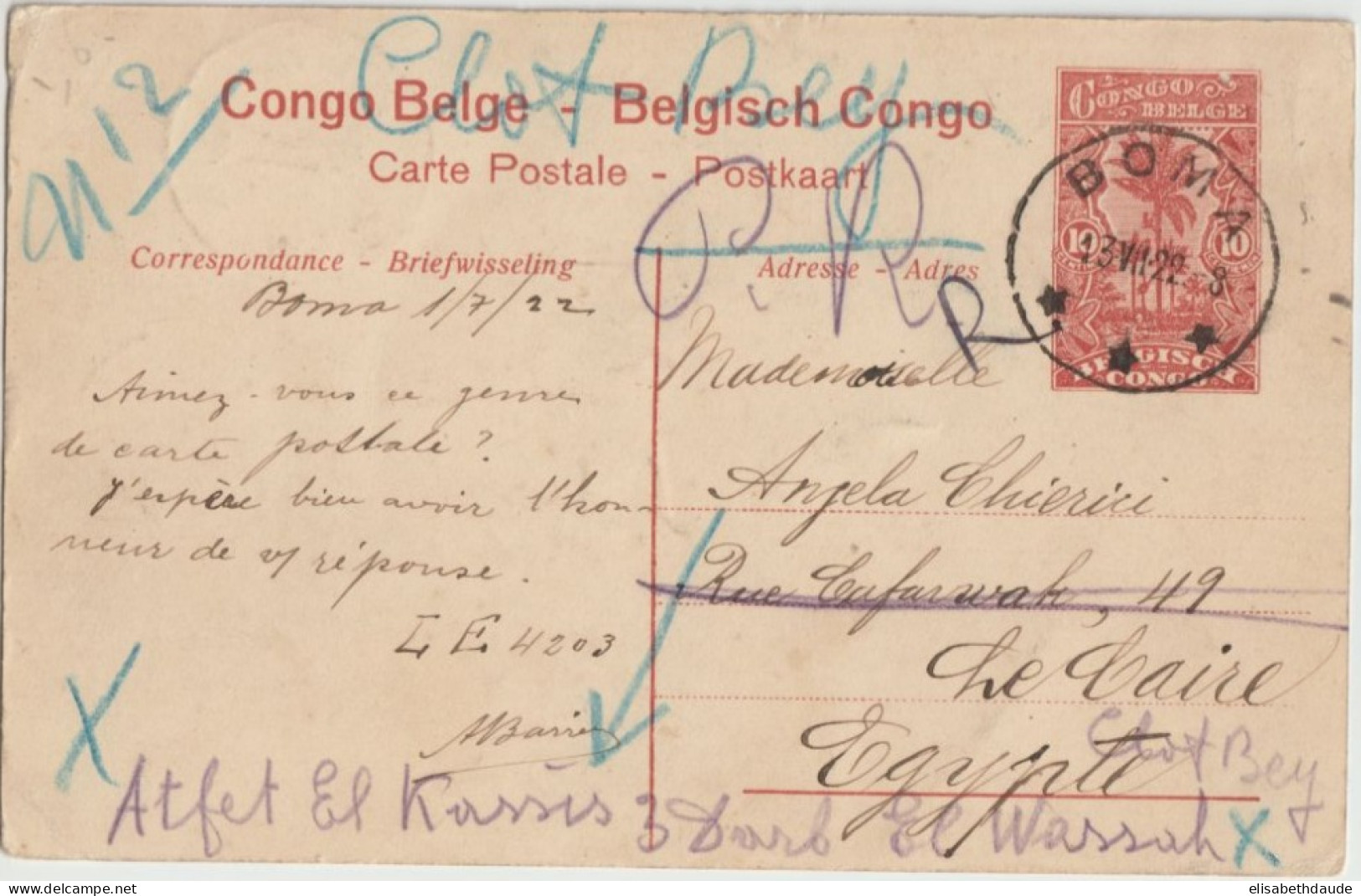 CONGO BELGE - 1922 - CP ENTIER ILLUSTREE De BOMA Avec COMPLEMENT AU DOS ! => LE CAIRE (EGYPTE) DESTINATION ! - Postwaardestukken