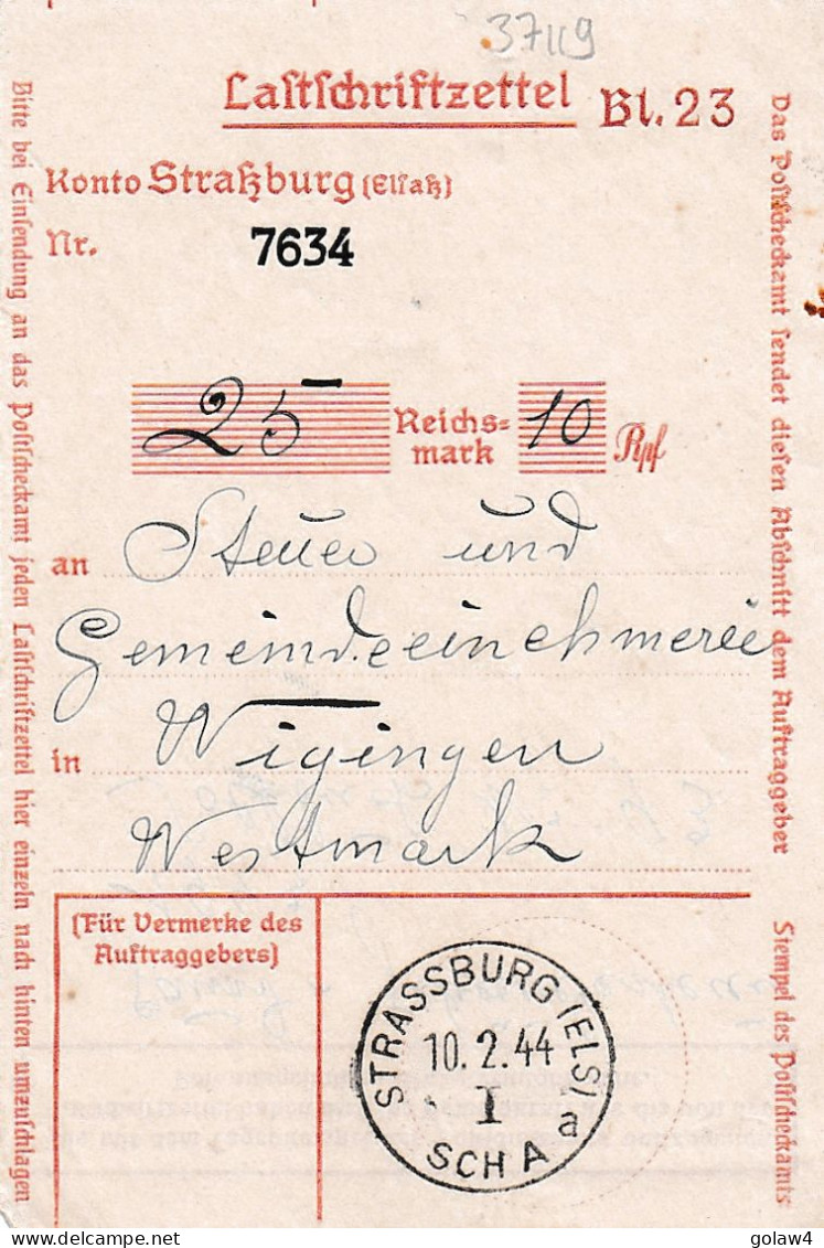 37119# LAFTSCHRIFFTZETTEL BULLETIN EXPEDITION MANDAT STRASSBURG ELS A SCH A 1944 STRASBOURG BAS RHIN Pour VIGY MOSELLE - Lettres & Documents
