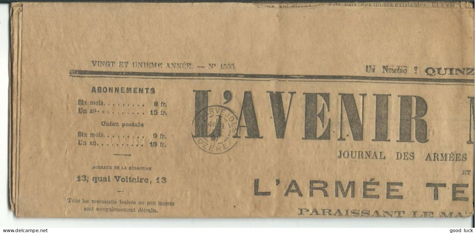 FRANCE JOURNAL COMPLET " L' AVENIR MILITAIRE " ARMEES DE TERRE ET DE MER 07/07/1891 A MARVEJOLS ( LOZERE ) LETTRE COVER - Guerra Del 1870