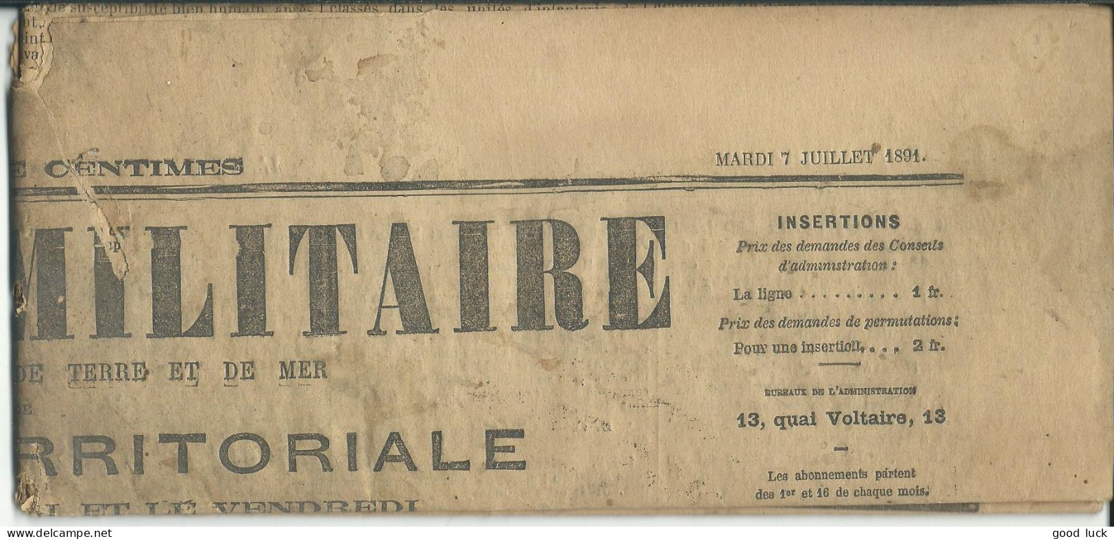 FRANCE JOURNAL COMPLET " L' AVENIR MILITAIRE " ARMEES DE TERRE ET DE MER 07/07/1891 A MARVEJOLS ( LOZERE ) LETTRE COVER - War 1870