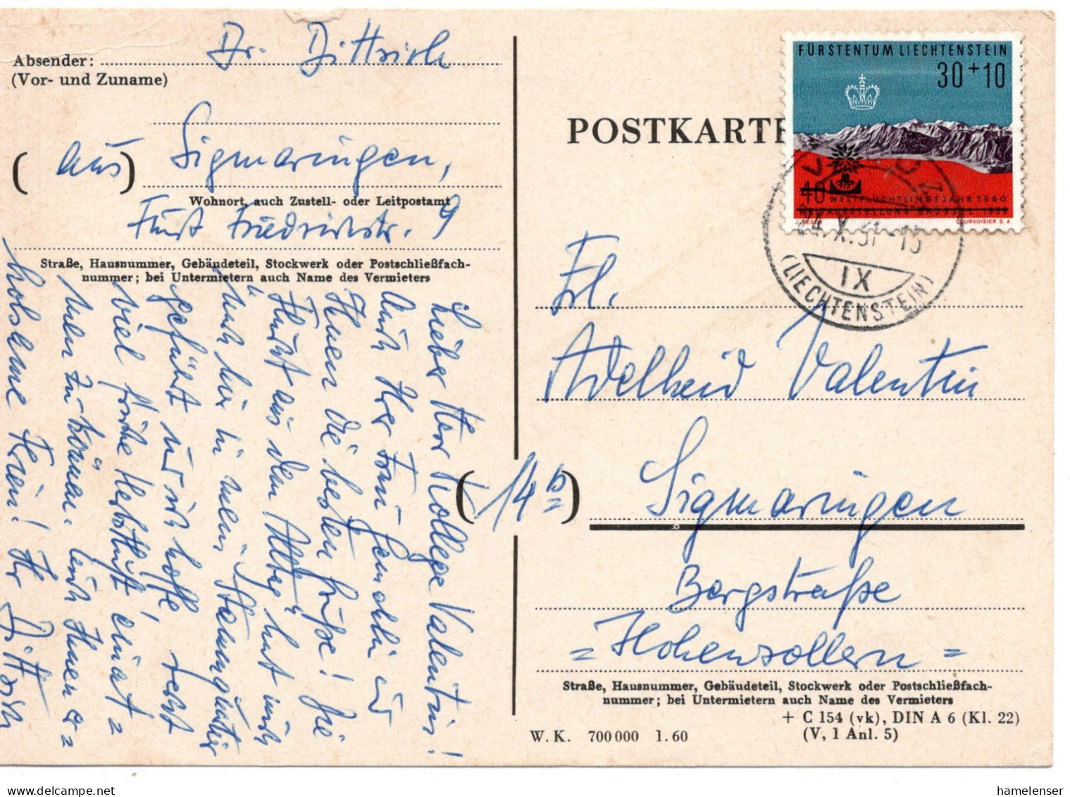 78888 - Liechtenstein - 1961 - 30Rp Fluechtlingsjahr EF A Kte VADUZ -> Westdeutschland - Storia Postale