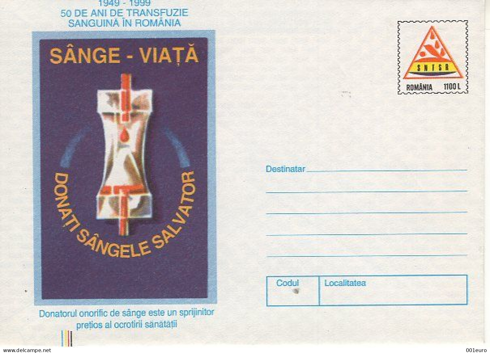 ROMANIA 060y1999: CHARITABLE BLOOD DONATION - 50 YEARS, Unused Prepaid Postal Stationery Cover - Registered Shipping! - Postal Stationery