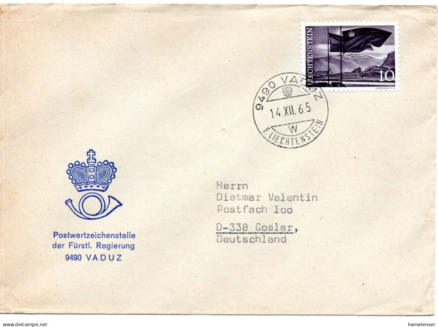 78889 - Liechtenstein - 1965 - 10Rp Flagge EF A Bf VADUZ -> Westdeutschland - Briefe U. Dokumente