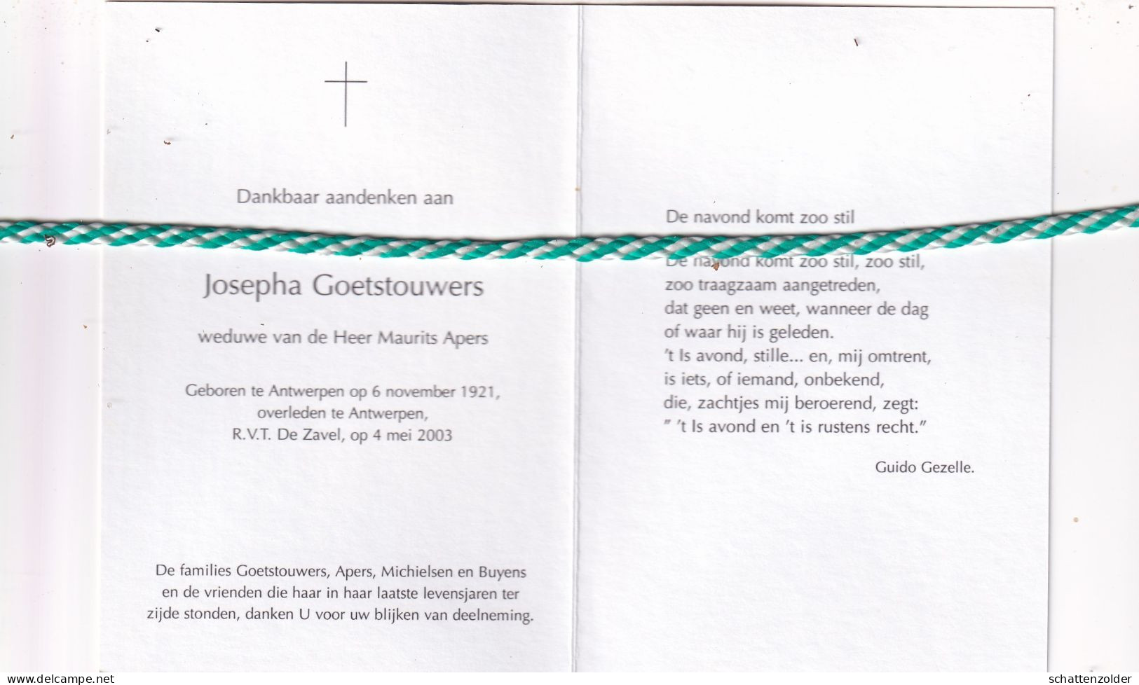 Josepha Goetstouwers-Apers, Antwerpen 1921, 2003. Foto - Obituary Notices