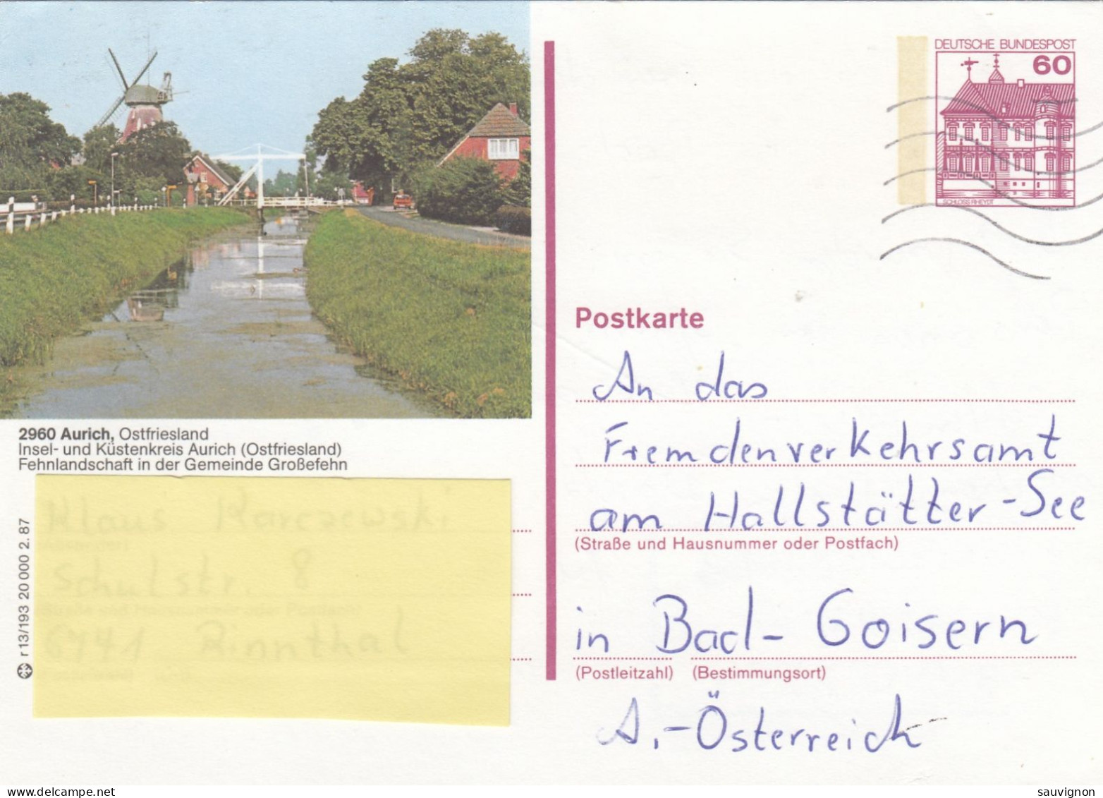 Deutschland. Bildpostkarte AURICH, Ostfriesland, Wertstempel 60 Pfg. Burgen Und Schlösser, Serie "r" - Geïllustreerde Postkaarten - Gebruikt