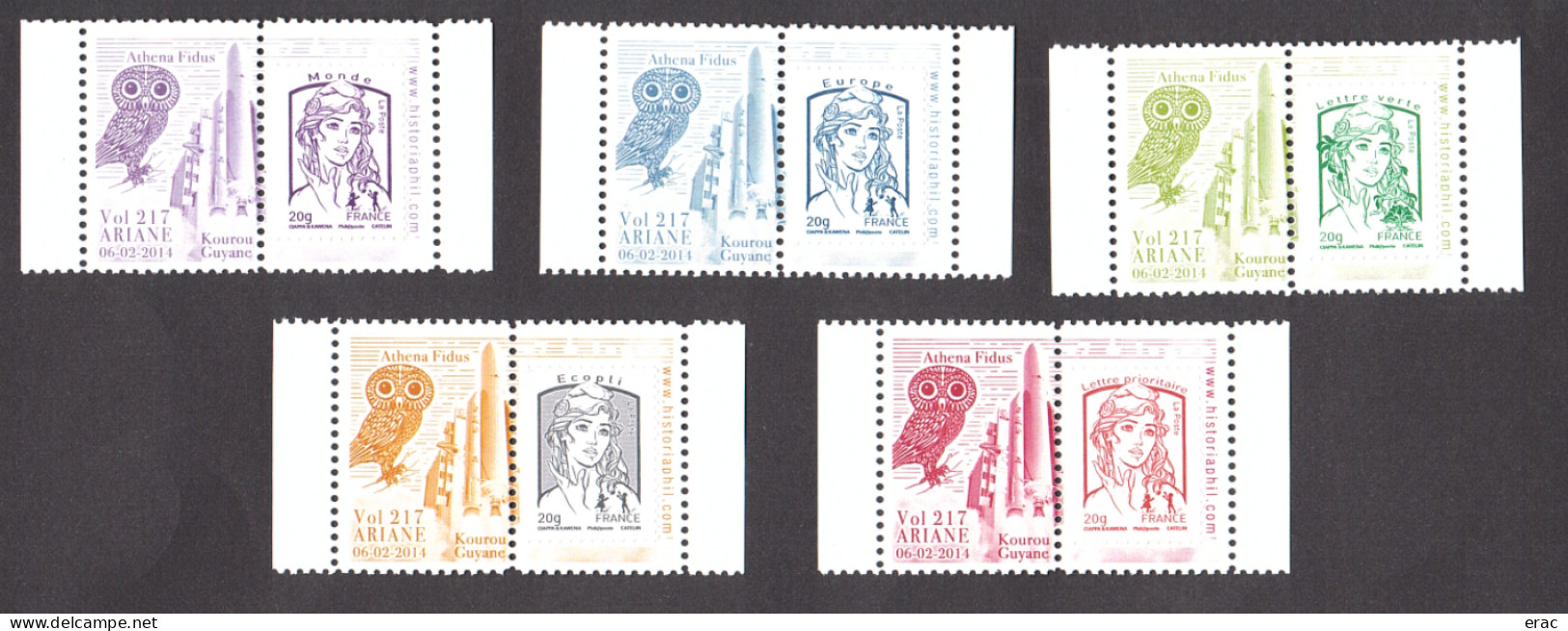 5 Porte-timbres Gommés - 2014 Ariane Vol 217 - Athena Fidus- Avec TVP Marianne De Ciappa & Kawena Neufs - 2013-2018 Marianne Van Ciappa-Kawena