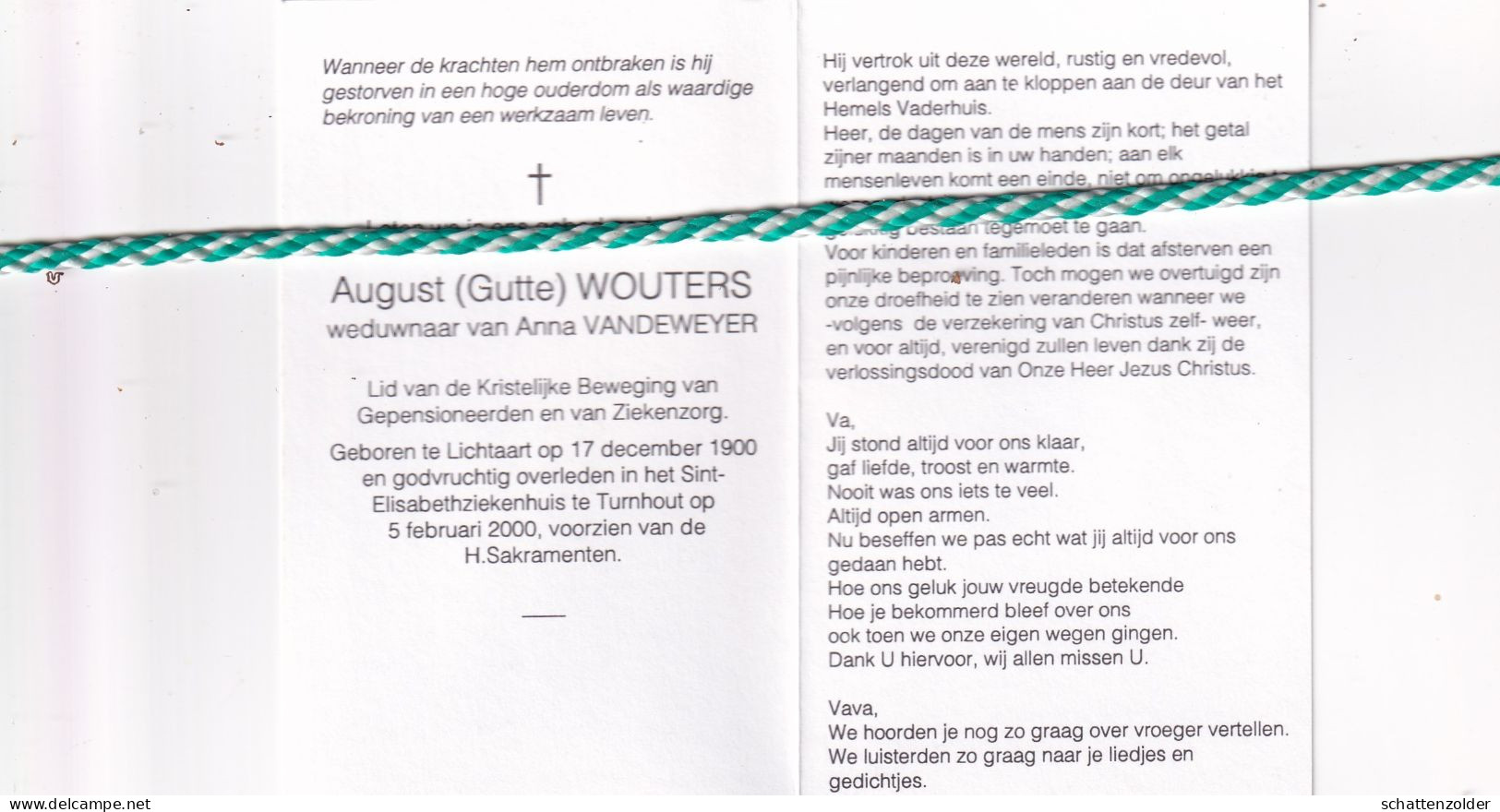 August (Gutte) Wouters-Vandeweyer, Lichtaart 1900, Turnhout 2000. Foto - Overlijden