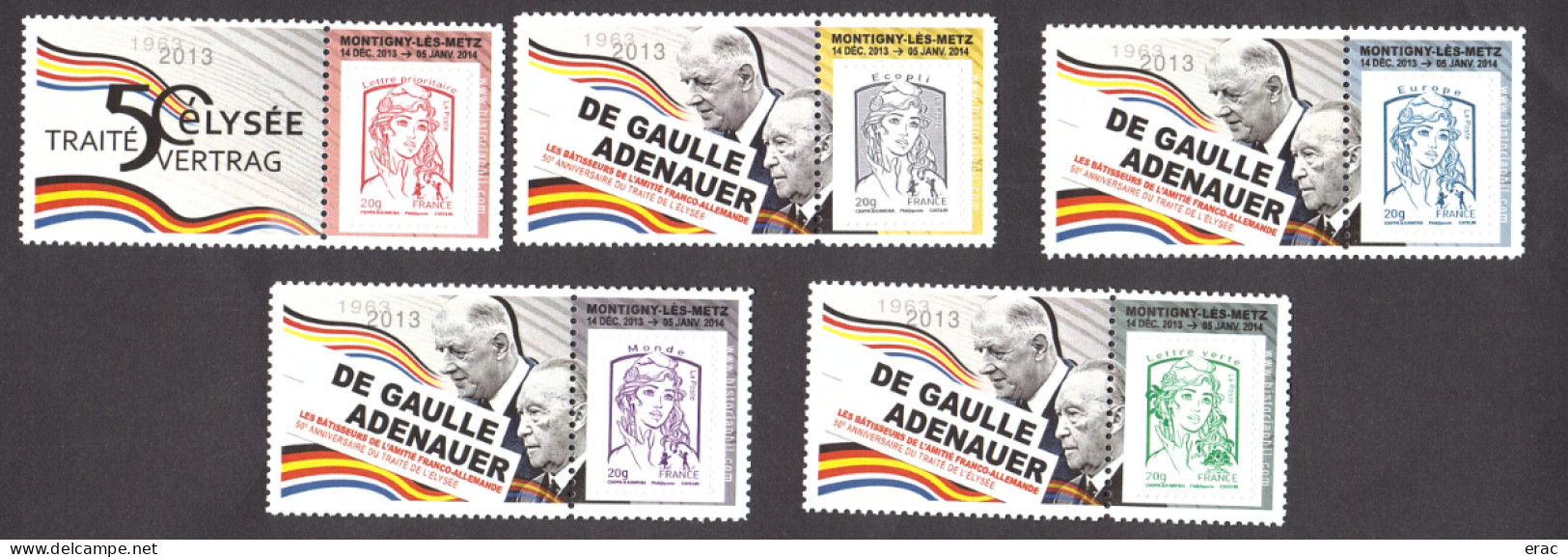 5 Porte-timbres Gommés - 50 Ans Traité De L'Elysée - De Gaulle-Adenauer - Avec TVP Marianne De Ciappa & Kawena Neufs - 2013-2018 Marianne Van Ciappa-Kawena