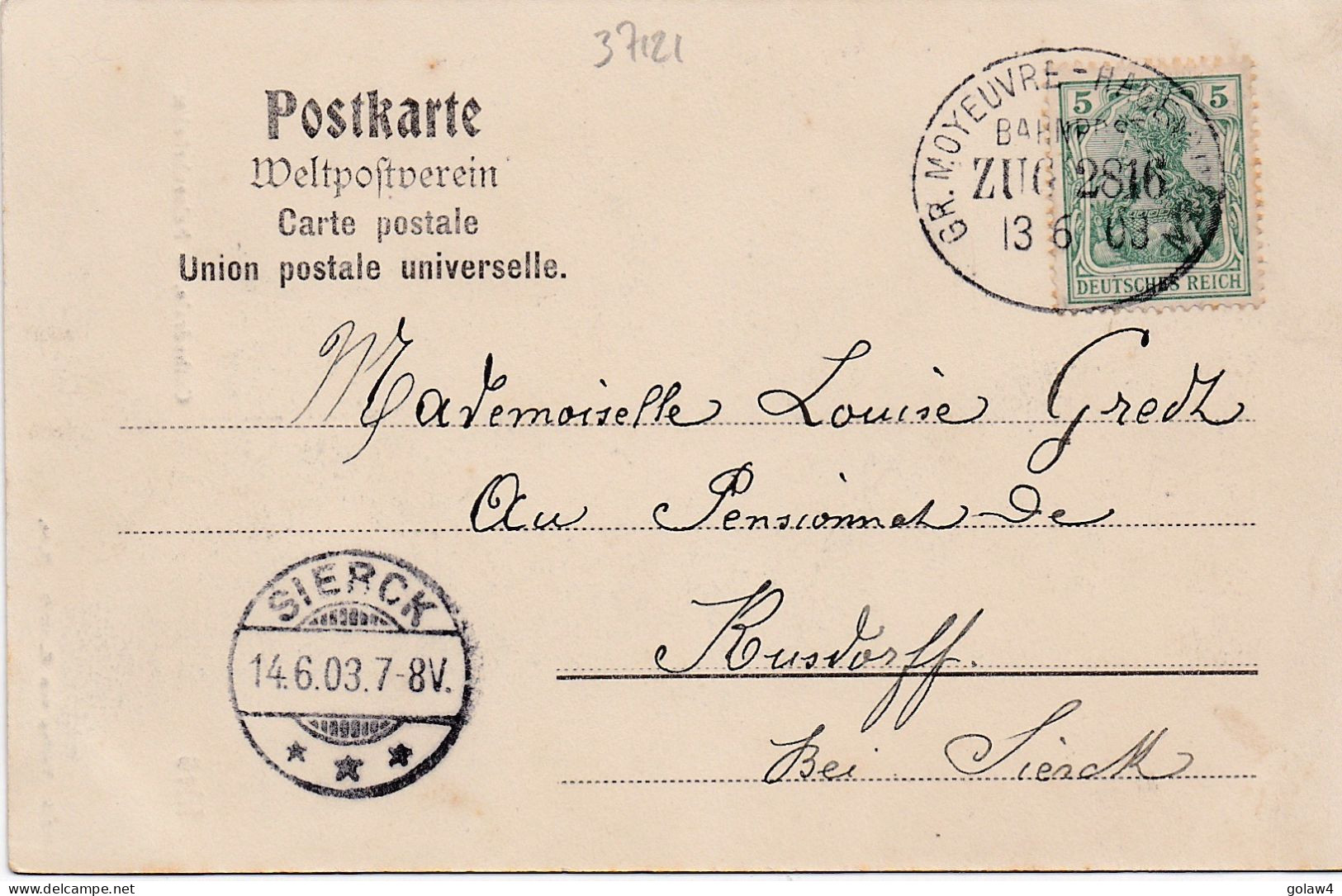 37121# CARTE POSTALE De ROMBACH Obl GR MOYEUVRE HAGENDINGEN BAHNPOST ZUG 2816 1903 MOSELLE Pour RUSTROFF - Lettres & Documents